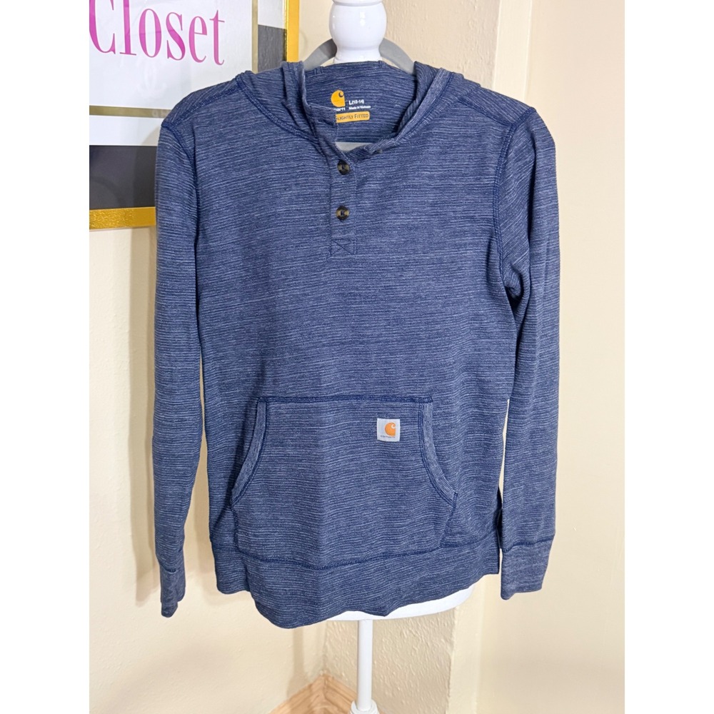 Carhartt Boys Blue Space Dye Henley Hoodie Sweatshirt‎ Size Large 12-14 L